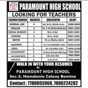 paramount high school bemina srinagar Employment notice
