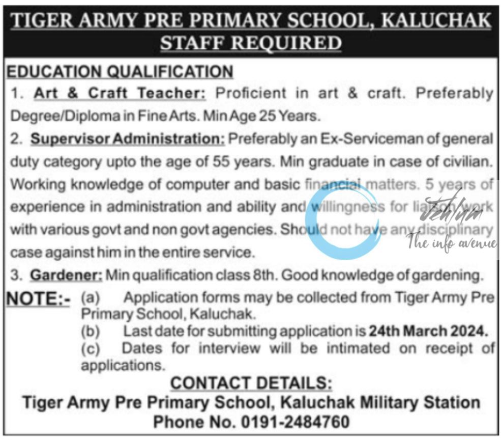 job opportunities at tiger army pre primary school, kaluchak