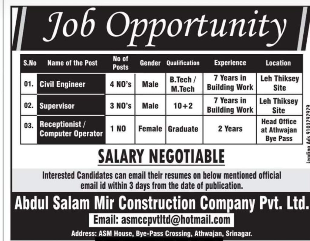 job opportunity at abdul salam mir construction company pvt.