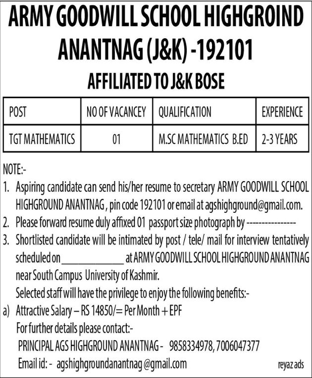job opportunity at army goodwill school anantnag jk