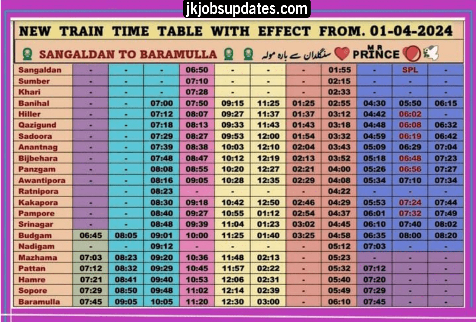 kashmir train timetable 2024