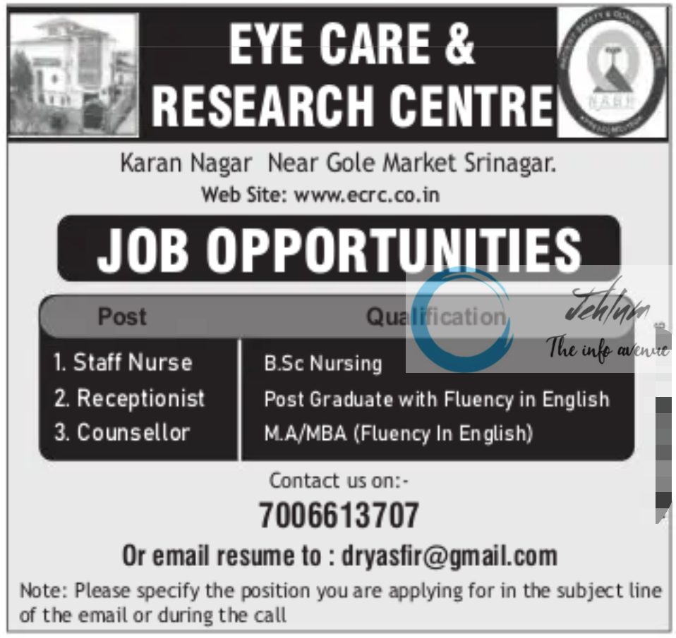 Job Opportunities at Eye Care & Research Centre Srinagar