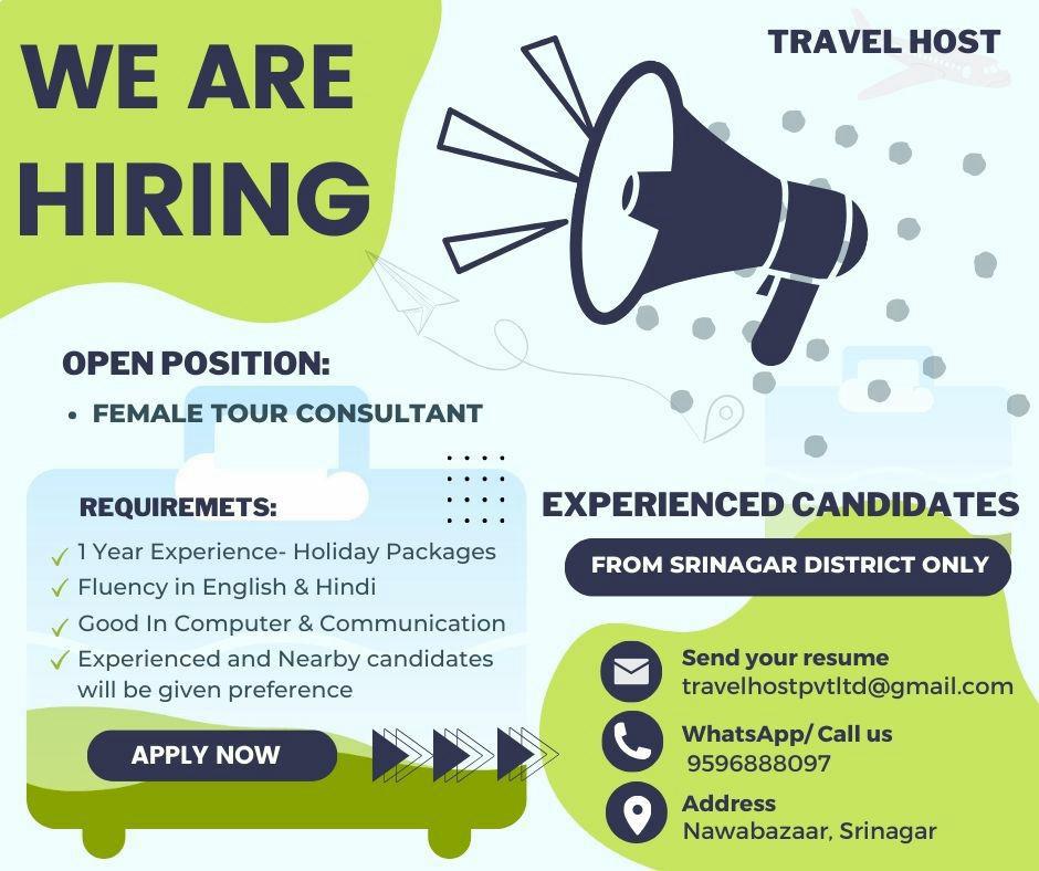 job opportunity at travel host female tour consultant
