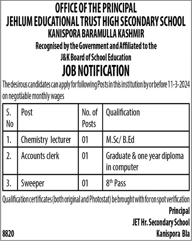 job opportunity at jehlum educational trust high secondary s