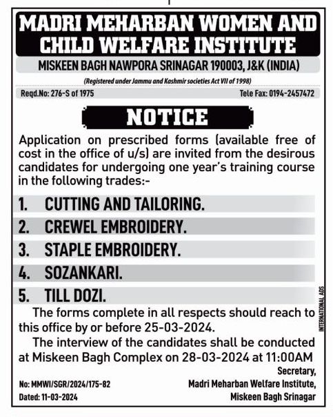 job opportunity at madri meharban women and child welfare in